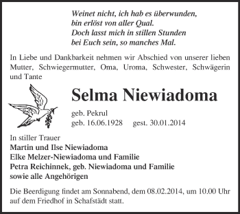 Traueranzeige von Selma Niewiadoma von Super Sonntag Merseburg