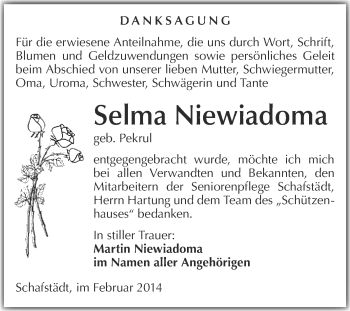 Traueranzeige von Selma Niewiadoma von Super Sonntag Merseburg