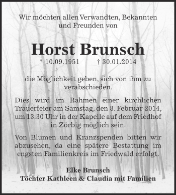 Traueranzeige von Horst Brunsch von WVG - Wochenspiegel Bitterfeld