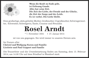 Traueranzeige von Rosel Arndt von WVG - Wochenspiegel Aschersleben