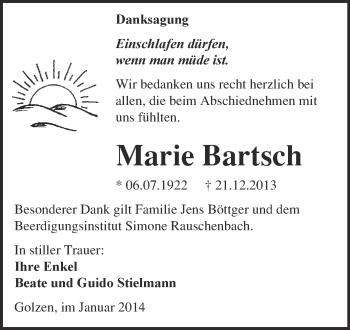 Traueranzeige von Marie Bartsch von WVG - Wochenspiegel NMB / WSF / ZTZ