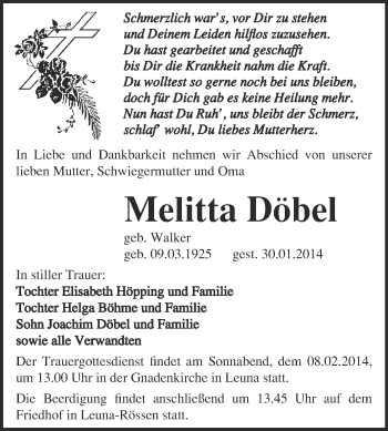 Traueranzeige von Melitta Döbel von WVG - Wochenspiegel Merseburg