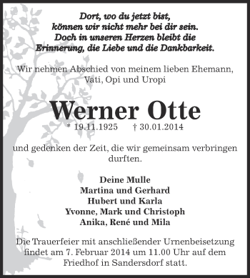 Traueranzeige von Werner Otte von WVG - Wochenspiegel Bitterfeld