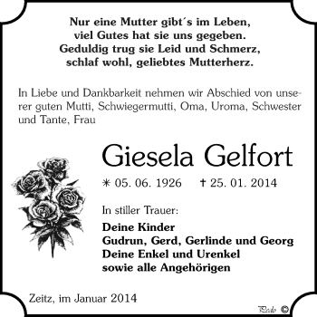 Traueranzeige von Giesela Gelfort von WVG - Wochenspiegel NMB / WSF / ZTZ