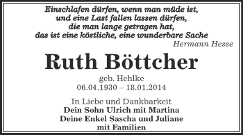 Traueranzeige von Ruth Böttcher von Super Sonntag Zeitz