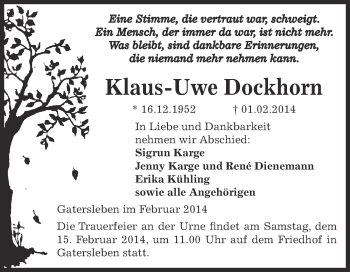 Traueranzeige von Klaus-Uwe Dockhorn von WVG - Wochenspiegel Aschersleben