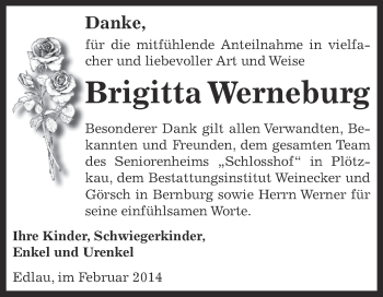 Traueranzeige von Brigitta Werneburg von Super Sonntag Bernburg