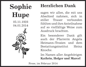 Traueranzeige von Sophie Hupe von WVG - Wochenspiegel Aschersleben