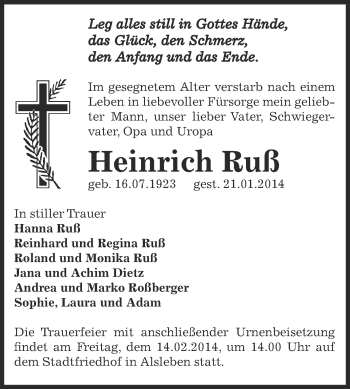 Traueranzeige von Heinrich Ruß von Super Sonntag Bernburg