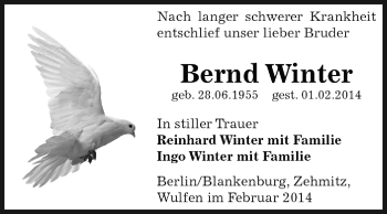 Traueranzeige von Bernd Winter von WVG - Wochenspiegel Dessau / Köthen