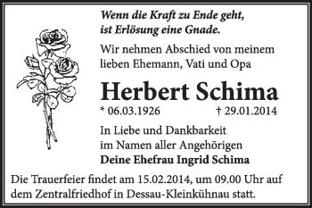 Traueranzeige von Herbert Schima von Super Sonntag Dessau / Köthen