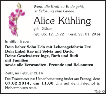 Traueranzeige von Alice Kühling von WVG - Wochenspiegel NMB / WSF / ZTZ
