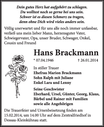 Traueranzeige von Hans Brackmann von Super Sonntag Dessau / Köthen