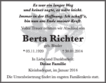 Traueranzeige von Bera Richter von Super Sonntag Dessau / Köthen