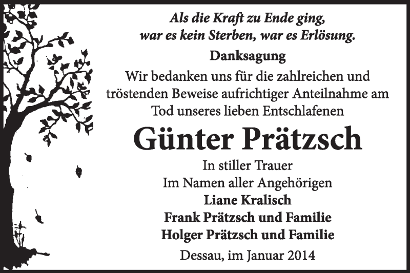  Traueranzeige für Günter Prätzsch vom 09.02.2014 aus Super Sonntag Dessau / Köthen