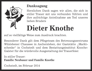 Traueranzeige von Dieter Knothe von WVG - Wochenspiegel Aschersleben