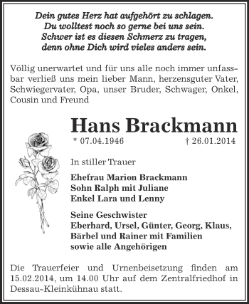Traueranzeige von Hans Brackmann von WVG - Wochenspiegel Dessau / Köthen