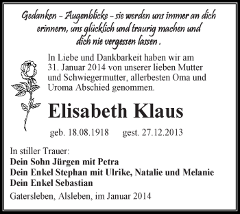 Traueranzeige von Elisabeth Klaus von WVG - Wochenspiegel Aschersleben