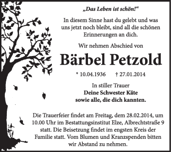 Traueranzeige von Bärbel Petzold von Super Sonntag Dessau / Köthen