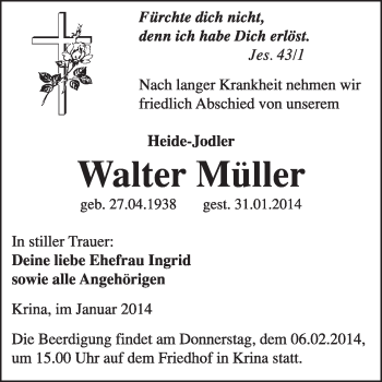 Traueranzeige von Walter Müller von WVG - Wochenspiegel Wittenberg