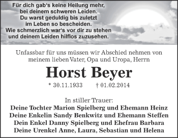 Traueranzeige von Horst Beyer von Super Sonntag Zeitz