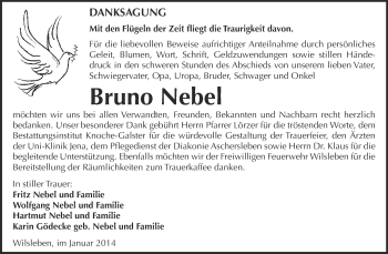 Traueranzeige von Bruno Nebel von WVG - Wochenspiegel Aschersleben