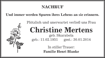 Traueranzeige von Christine Mertens von WVG - Wochenspiegel Aschersleben