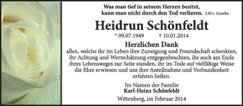 Traueranzeige von Heidrun Schönfeldt von Super Sonntag Wittenberg