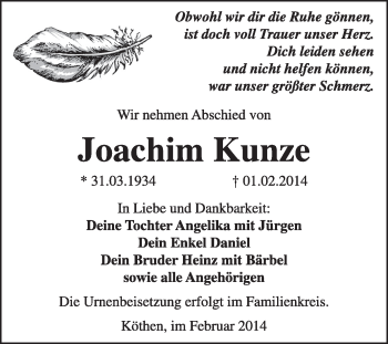 Traueranzeige von Joachim Kunze von Super Sonntag Dessau / Köthen