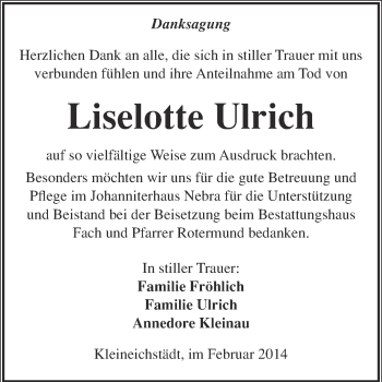 Traueranzeige von Liselotte Ulrich von Super Sonntag Merseburg