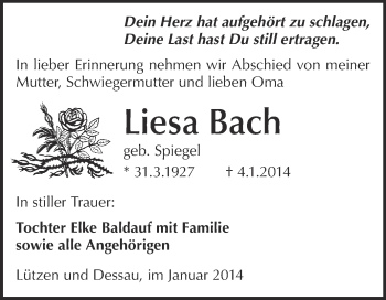 Traueranzeige von Liesa Bach von Super Sonntag Merseburg