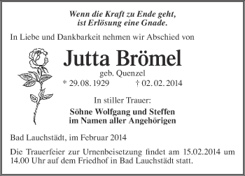 Traueranzeige von Jutta Brömel von WVG - Wochenspiegel Merseburg