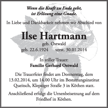 Traueranzeige von Ilse Harimann von Super Sonntag Dessau / Köthen