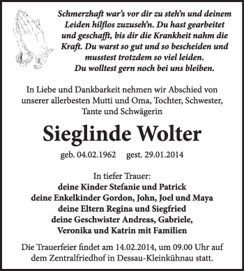 Traueranzeige von Sieglinde Wolter von Super Sonntag Dessau / Köthen