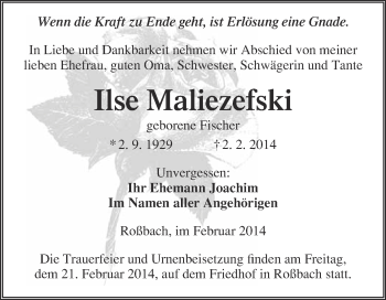 Traueranzeige von Ilse Maliezefski von Super Sonntag Merseburg