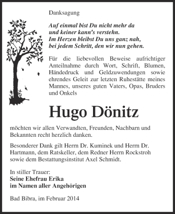 Traueranzeige von Hugo Dönitz von WVG - Wochenspiegel NMB / WSF / ZTZ