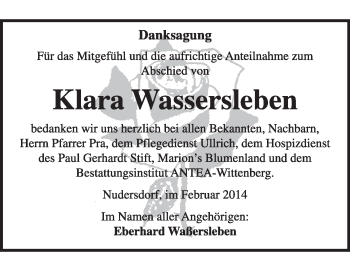 Traueranzeige von Klara Wasserleben von Super Sonntag Wittenberg