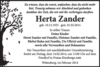 Traueranzeige von Herta Zander von Super Sonntag Wittenberg