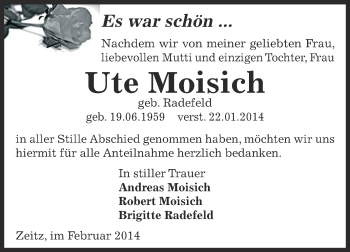 Traueranzeige von Ute Moisich von Super Sonntag Zeitz