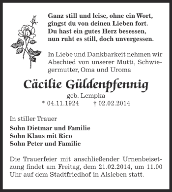 Traueranzeige von Cäcilie Güldenpfennig von Super Sonntag Bernburg