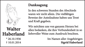 Traueranzeige von Walter Haberland von Super Sonntag Dessau / Köthen