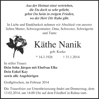 Traueranzeige von Käthe Nanik von Super Sonntag Merseburg