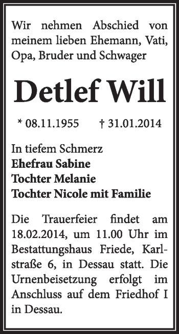 Traueranzeige von Detlef Will von Super Sonntag Dessau / Köthen