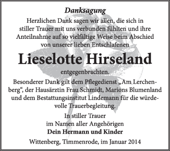 Traueranzeige von Lieselotte Hirseland von Super Sonntag Wittenberg