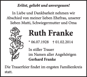 Traueranzeige von Ruth Franke von Super Sonntag Dessau / Köthen