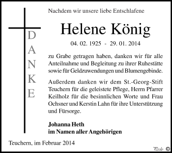 Traueranzeige von Helene König von WVG - Wochenspiegel NMB / WSF / ZTZ