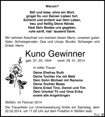 Traueranzeige von Kuno Gewinner von WVG - Wochenspiegel NMB / WSF / ZTZ
