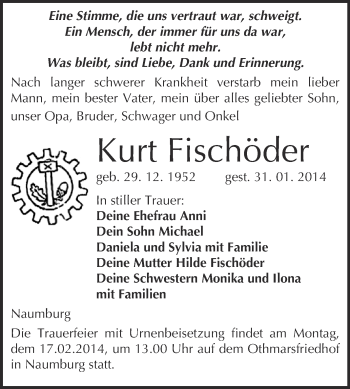 Traueranzeige von Kurt Fischöder von WVG - Wochenspiegel NMB / WSF / ZTZ