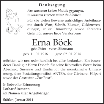 Traueranzeige von Erna Böck von WVG - Wochenspiegel NMB / WSF / ZTZ