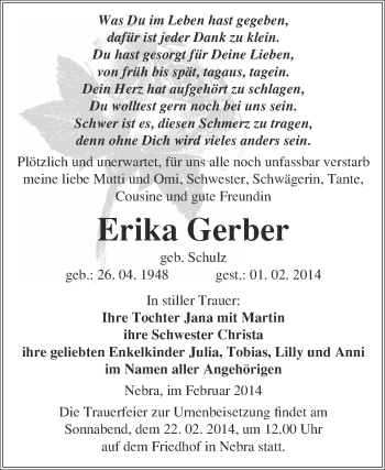 Traueranzeige von Erika Gerber von WVG - Wochenspiegel NMB / WSF / ZTZ